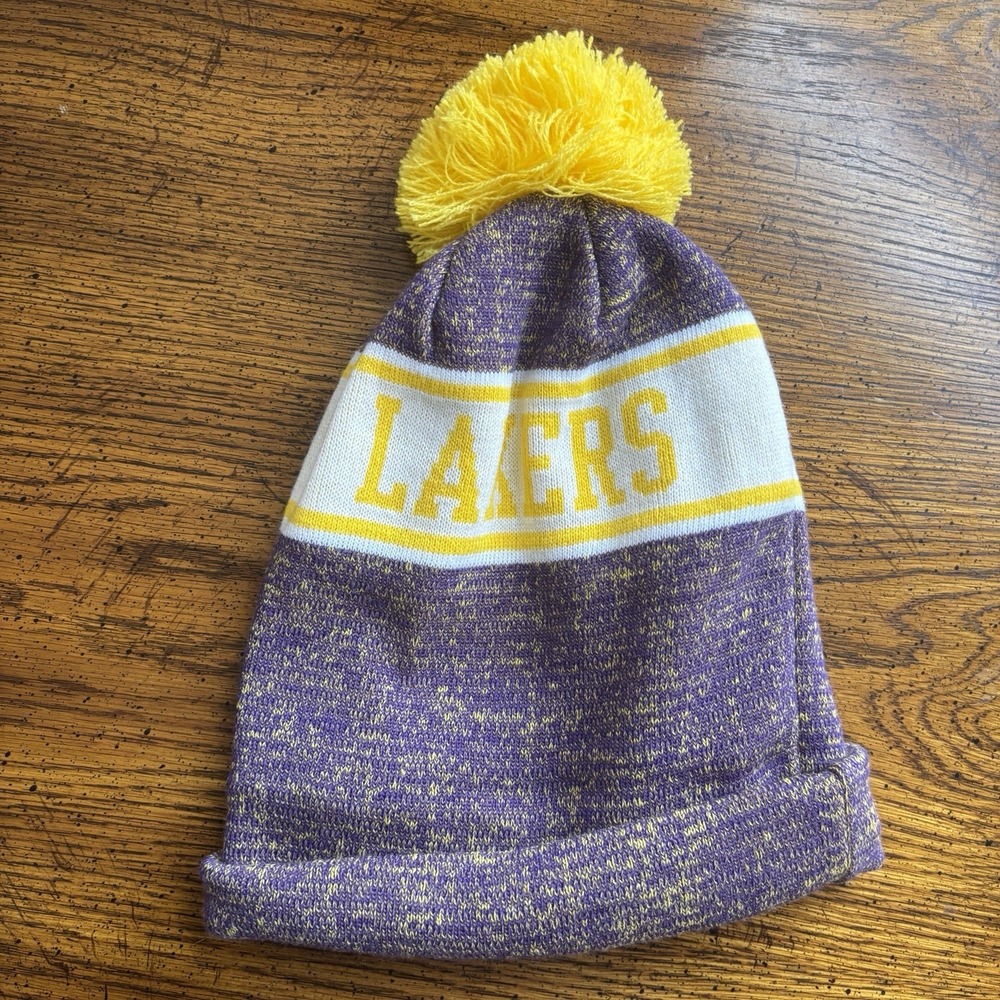 Los Angeles Lakers Beanie New Era Sport One Size Knit Hat Wool Blend Purple Gold - Picture 6 of 8